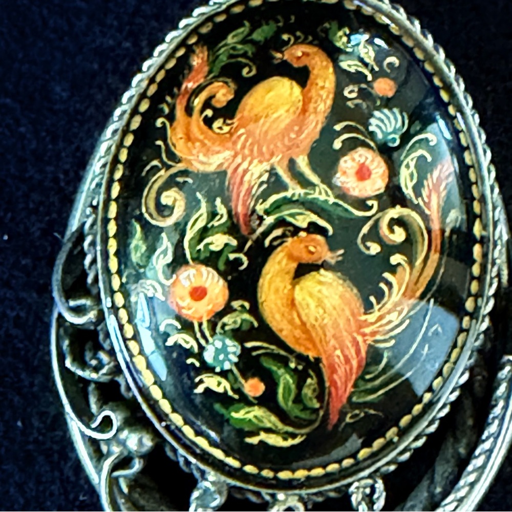 Vintage Russian Palekh Bird & Floral Earrings Hand Painted Folk Art USSR - Picture 4 of 6